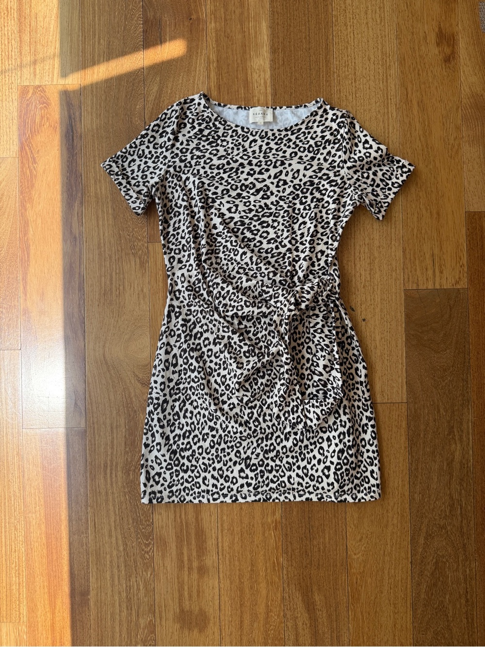 Sezane Beige and Black Leopard Print Mini Wrap Dress